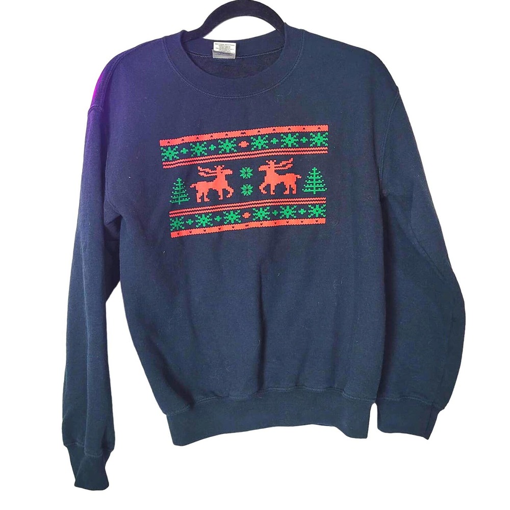 Vintage Black Christmas Reindeer Print Pullover Sweatshirt Mens Size Small